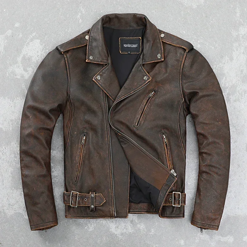 Leather Coat Men's Retro Distressed Motorcycle Cycling Clothing Youth Spring and Autumn Coat