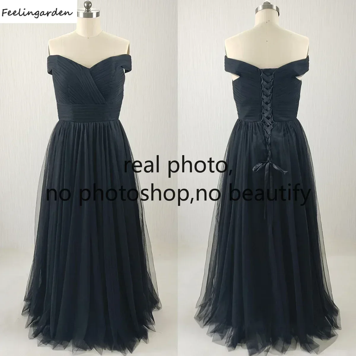 

Feelingarden индивидуальное вечернее платье больших размеров с настоящими фотографиями, черное тюлевое платье трапециевидной формы с открытыми плечами, женские вечерние платья YA003