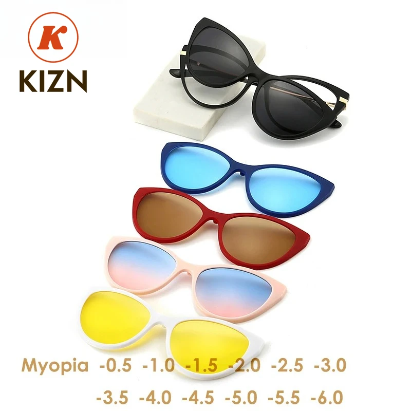 

KIZN Sports Cat Eye 5 + 1 комплект солнцезащитных очков для близорукости женские поляризационные магнитные очки TR90 клипса по рецепту 1,61 1,67 на заказ -0,5 ~-
