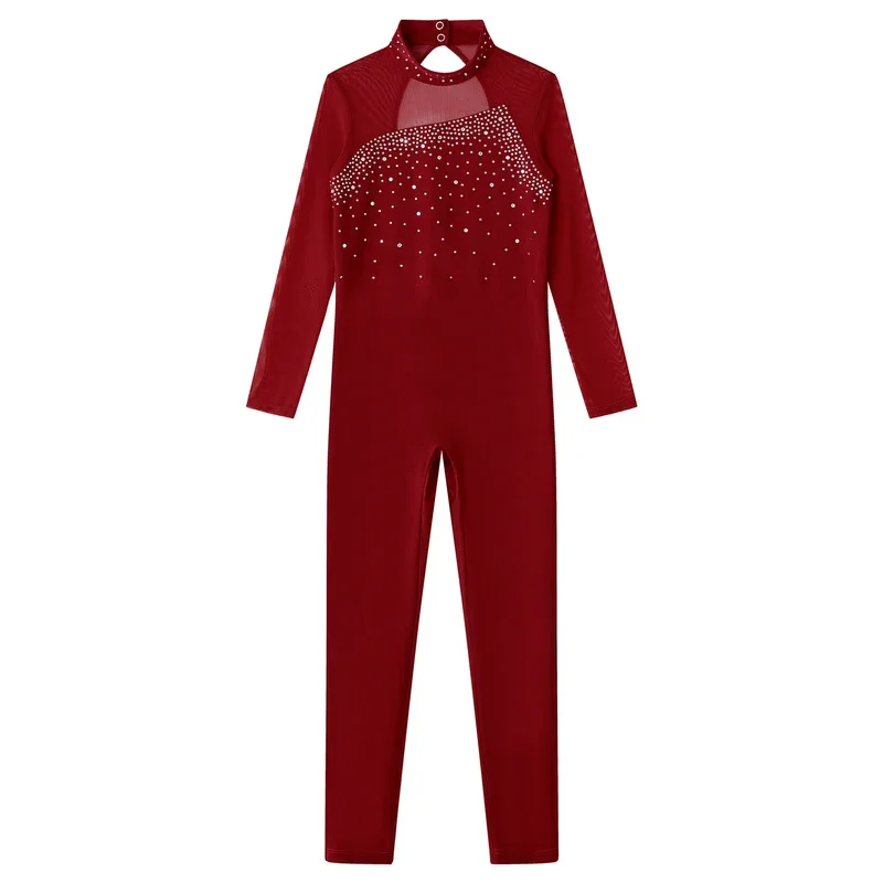 Dziecięce dziewczęce błyszczące Rhinestone trykoty gimnastyczne kombinezon taneczny z długim rękawem Mock Neck Mesh Splice pełne body kombinezon na łyżwach