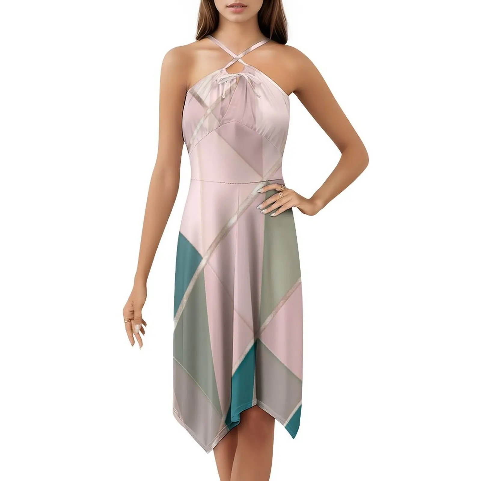 هندسة الباستيل الناعمة مع خطوط فستان بوهيمي عتيق بأكمام منتفخة أو خيارات بدون أكمام للنساء فستان باستيل ناعم