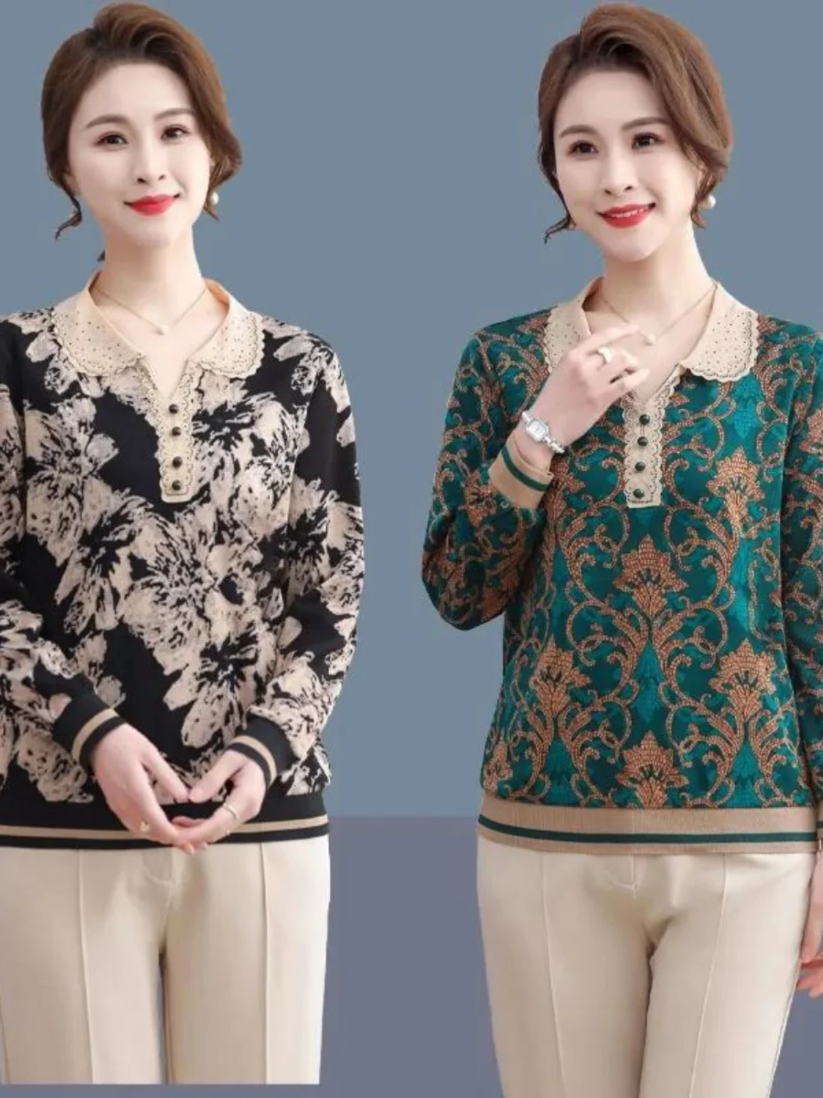 

Faionable Long Sve Print irt for Young And Old Mothers Casual Loose Sle Polyester Fabric Collar Regular Length