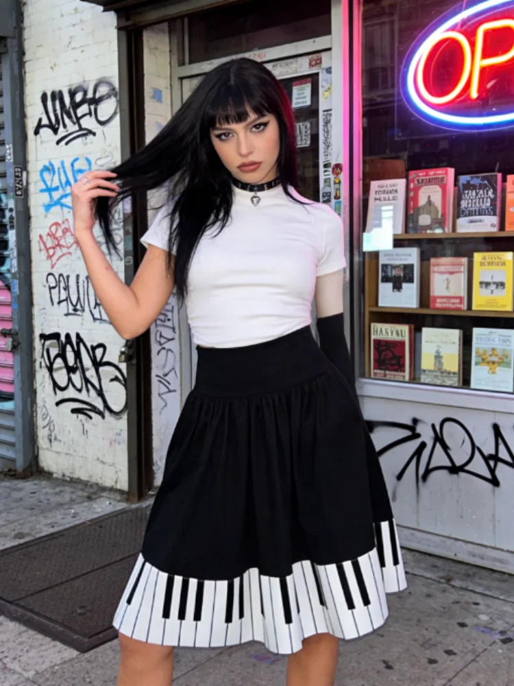 

Юбка миди с плиссировкой и принтом клавиш пианино, женская, с высокой талией, А-силуэт, в музыкальном стиле, осень-зима, Y2K, повседневная, уличный стиль