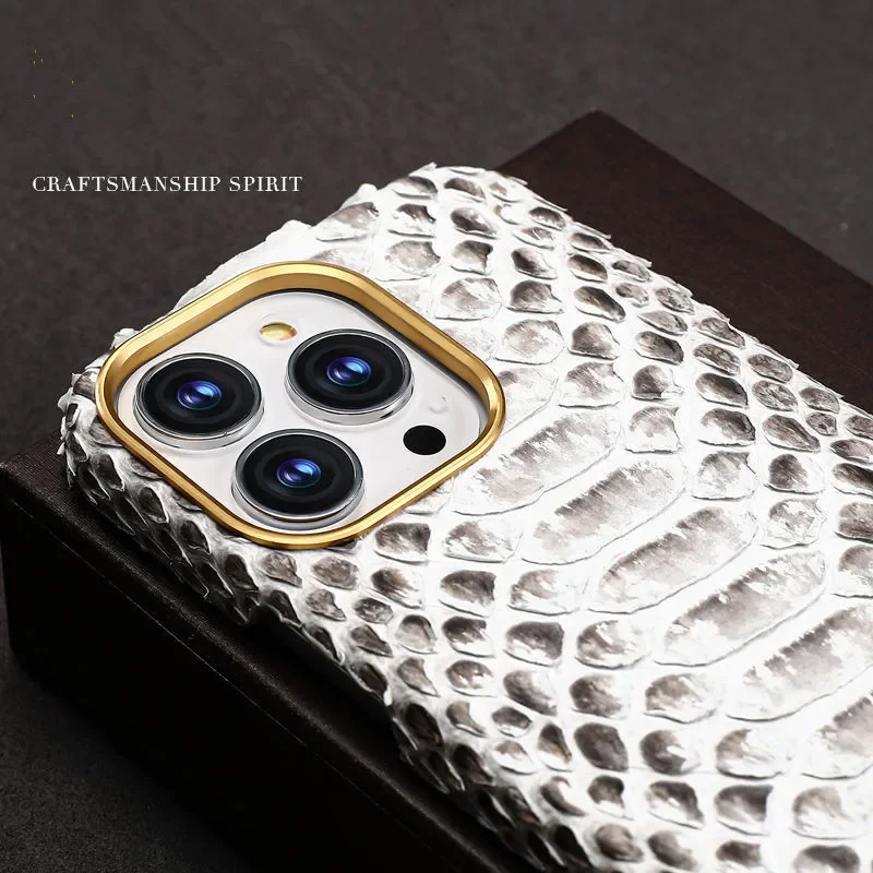 Genuine Python Skin Armor Case For iPhone 15 14 Pro Max 13 Metal Gold Camera Ring Real Snakeskin Leather Shockproof Back Cover