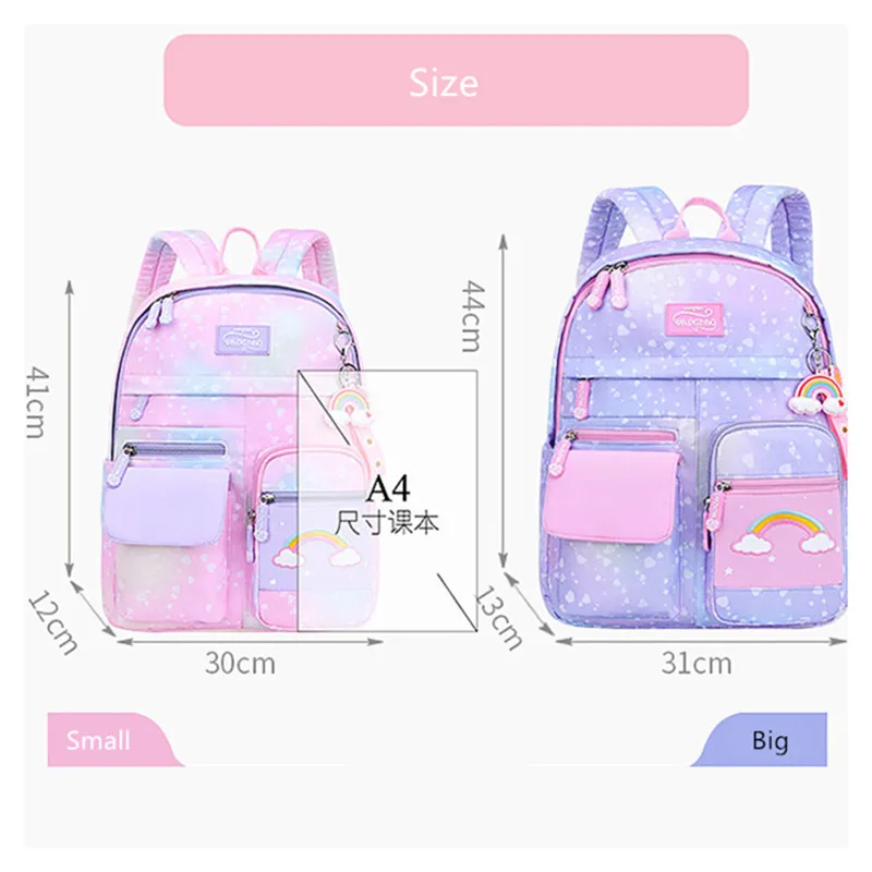 Kawaii สีชมพูสีม่วงโรงเรียนประถมศึกษากระเป๋าเป้สะพายหลังสําหรับสาวน่ารักสายรุ้งนักเรียน Bookbag โรงเรียนประถมสาวโรงเรียนกระเป๋าเด็กของขวัญ