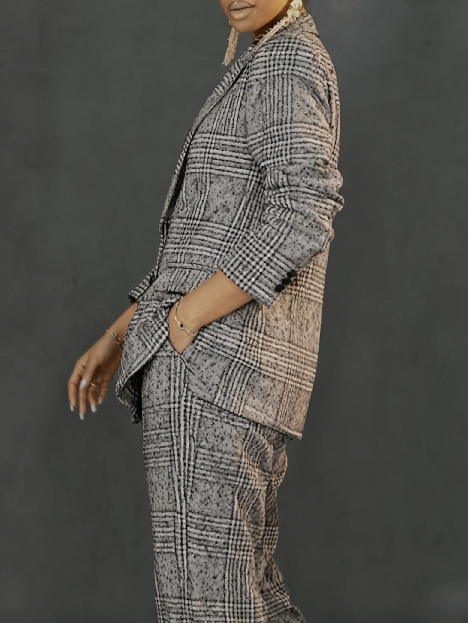 Women's Trendy Plaid Blazer Set Elegant Double Breasted Jacket and Wide Leg Pants 2 Piece Office Lady Casual Matching Suit
