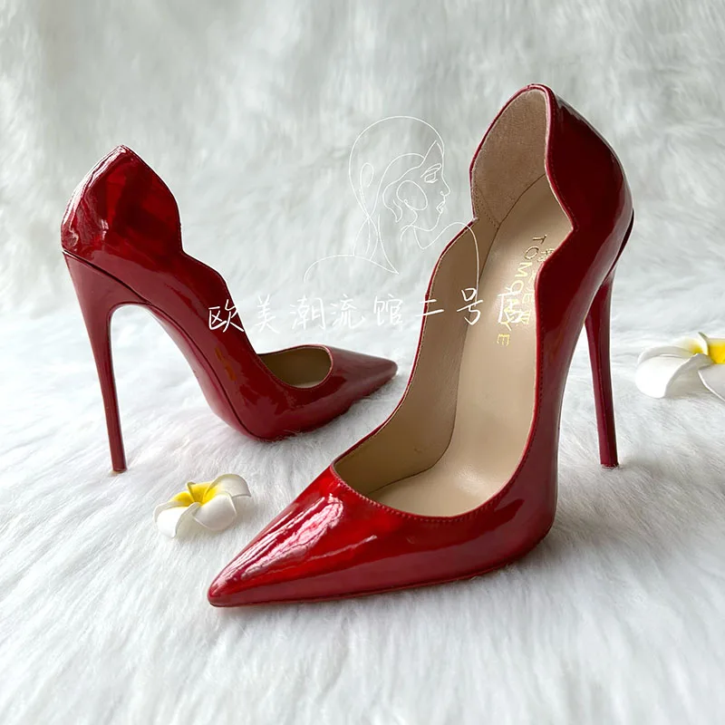 2023 New Shiny Laser Red Patent High Heel Sexy Pointed Toe Night Club Women Lady 13cm Evening Dress Shoes On Sale Brand Designer