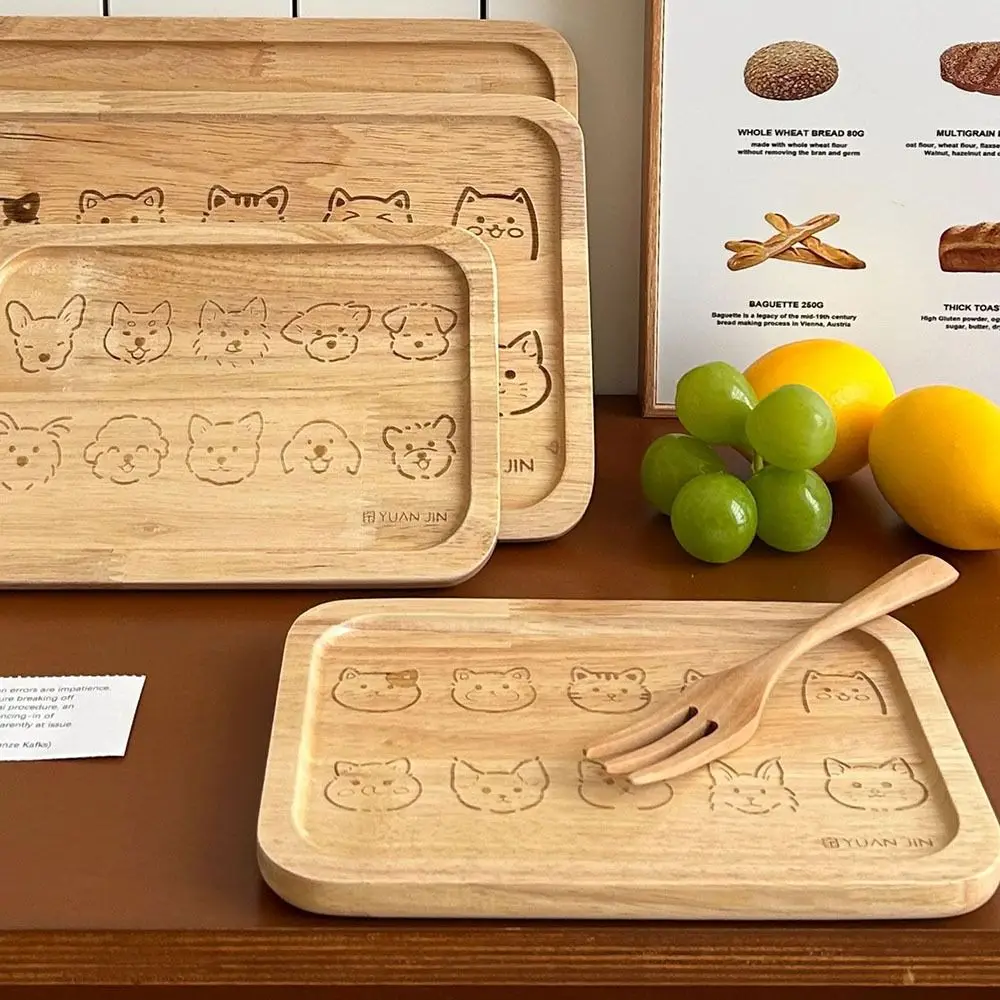 Dog/Cat Pattern Wooden Dinner Plate Anti-Scalding Insulated Dessert Serving Board Rectangular Multipurpose Cartoon Bread Tray