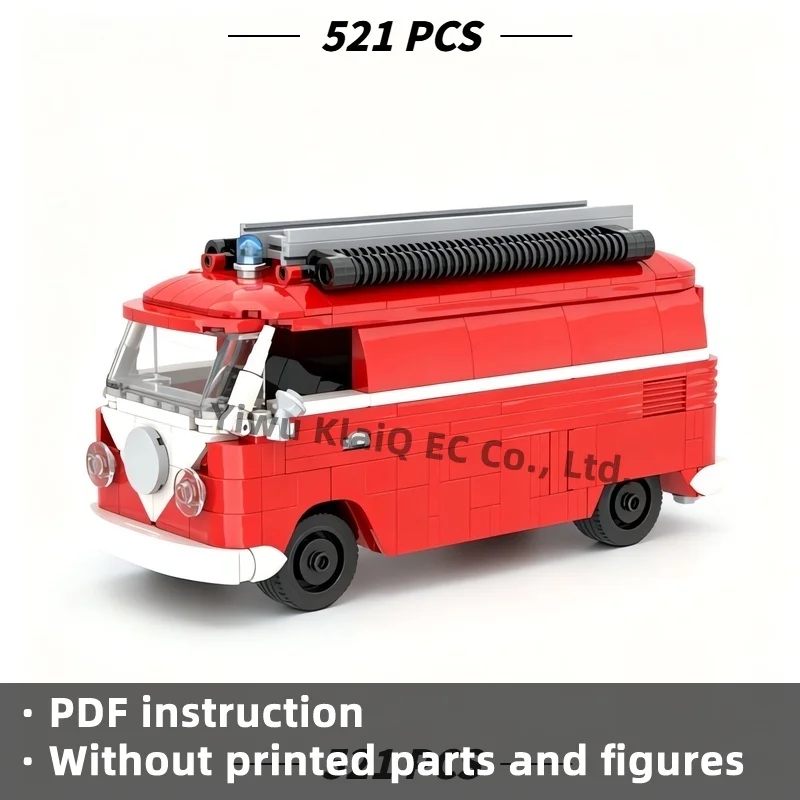 MOC Classic Red Emergency Van Building Blocks 521Pcs, Vintage Fire Department Transporter Bricks Model Adults