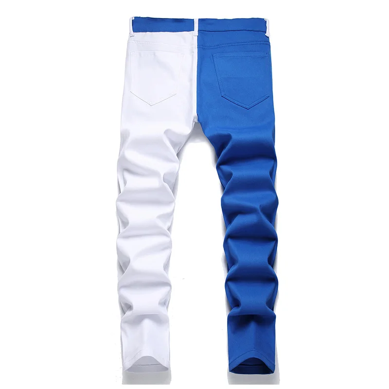 Mcikkny Men Fashion Casual Jeans Pants Color Block Patchwork Denim Trousers Slim Fit