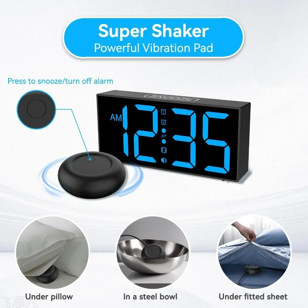 Vibrating Alarm Clock Large Display LED Clock Loud Alarm Clocks with Bed Shaker for Heavy Sleepers Hearing Impaired