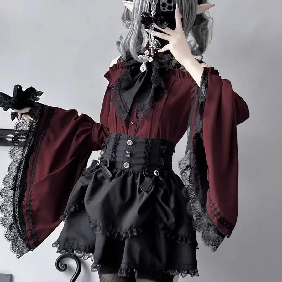 

Kawaii Women Shirts Lolita Y2K Japanese Style Gothic Blouse Elegant Long Sleeve Off Shoulder Sweet Tops Casual Aesthetic Shirt