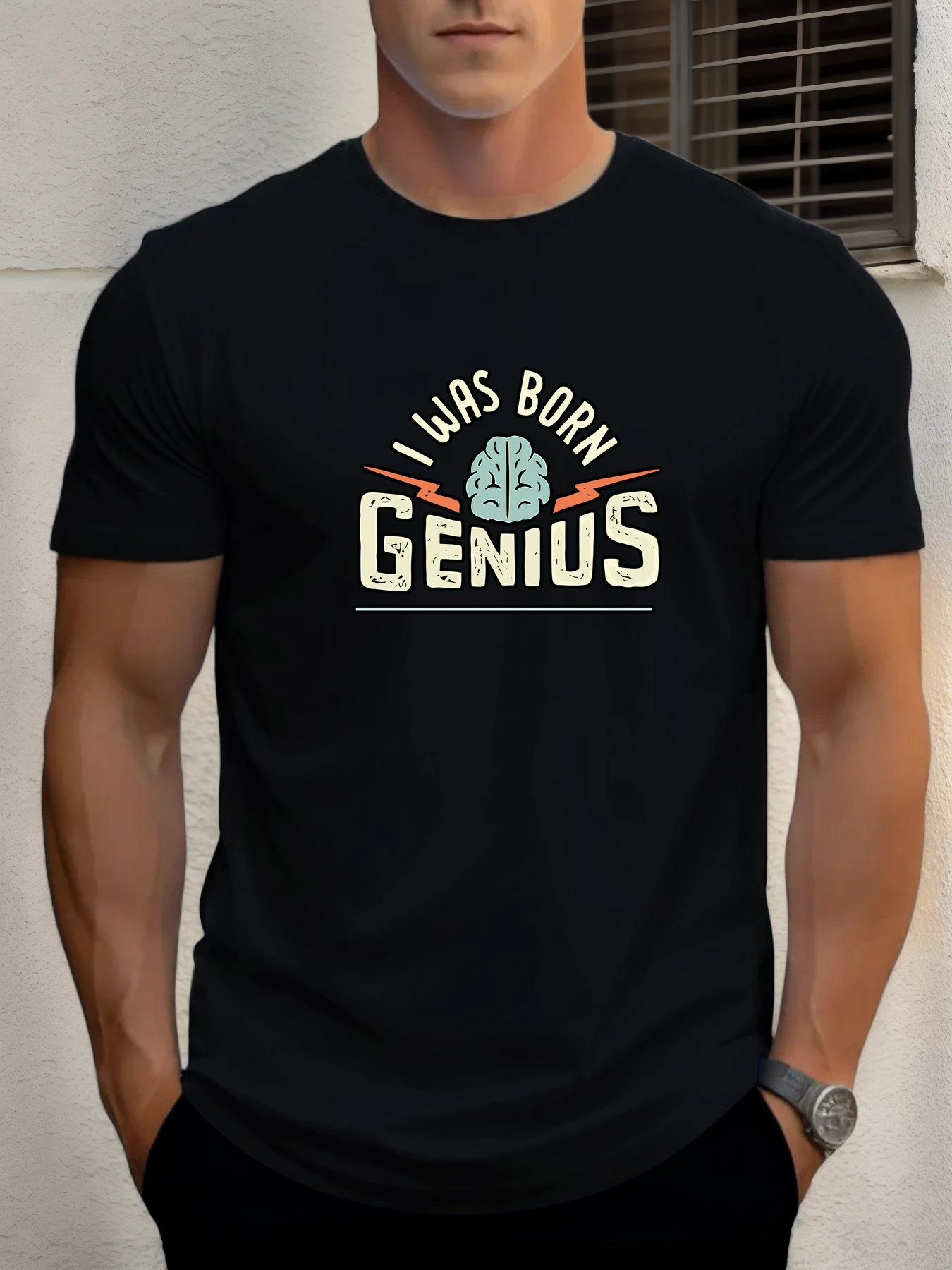

2025 Summer Men's Cotton T Shirt I WAS BORN GENIUS Trendy Print Round Neck T-Shirt Casual Breathable Street Style Daily Top