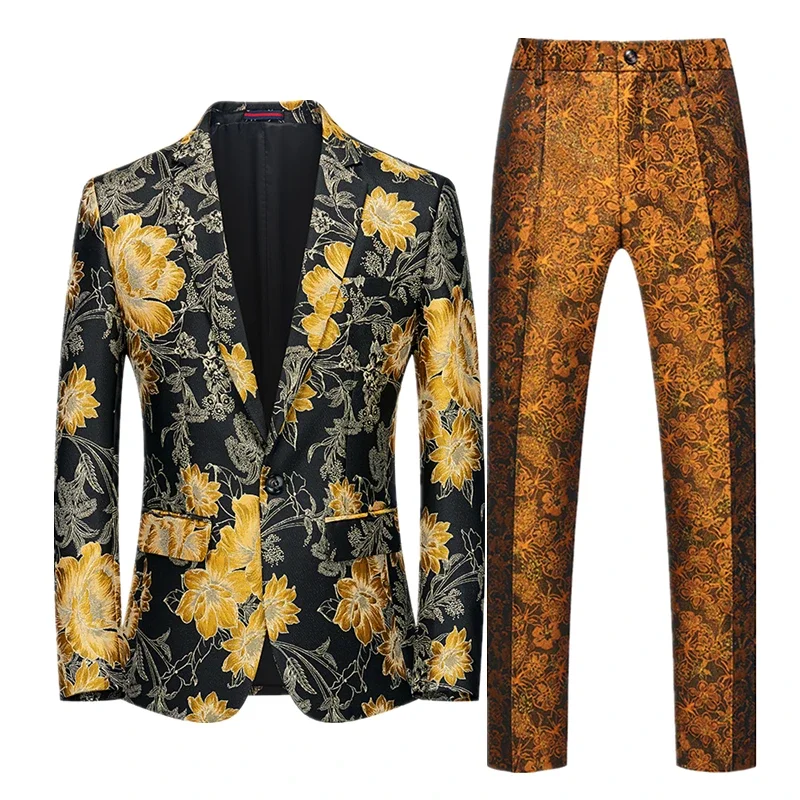 

Men's Red Embroidered Two-piece, Weddings/Parties/Stage Performances Slim-Fit Suit Jacket with Trousers.