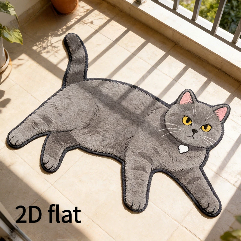 VIKAMA Lying British Shorthair Cat Irregular Rug Grey Cat With Bell 2D Flat Print Non Slip Bedroom Window Floor Mat