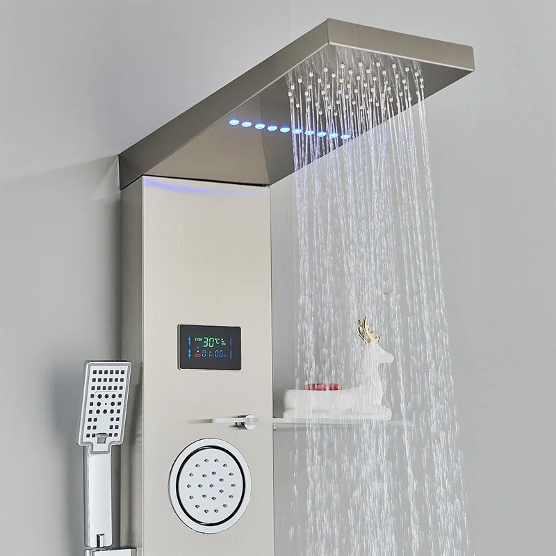 Hot Sell Bathroom Wall Mounted Stainless Steel Waterfall Shower Column SPA Massage Jet Digital Display LED Shower Panels