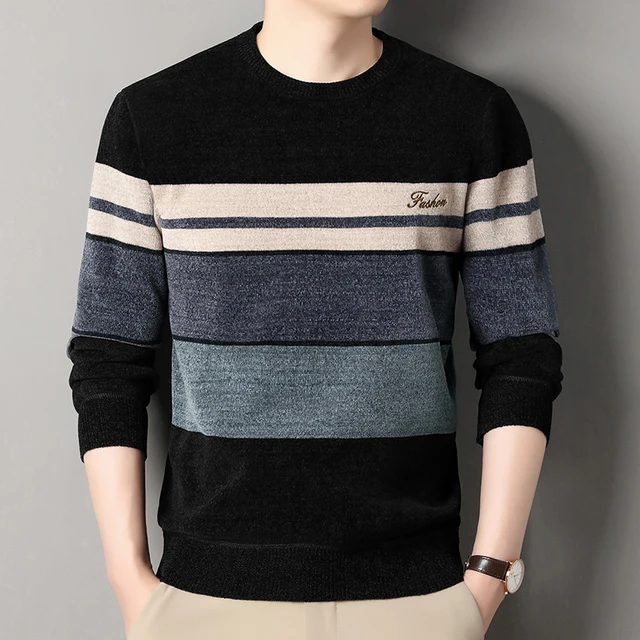 Męskie swetry szenilowe moda sweter dziergany w paski męskie jesienne zimowe najlepsze ubrania swetry z dzianiny z okrągłym dekoltem