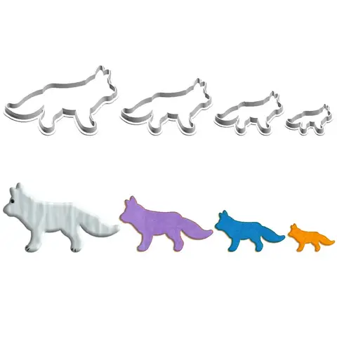 만화 귀여운 동물, Cocky Silvery Wolf, 플라스틱 금형, 케이크 퐁당 도구, 쿠키 스시 및 과일 커터, 4 가지 사양