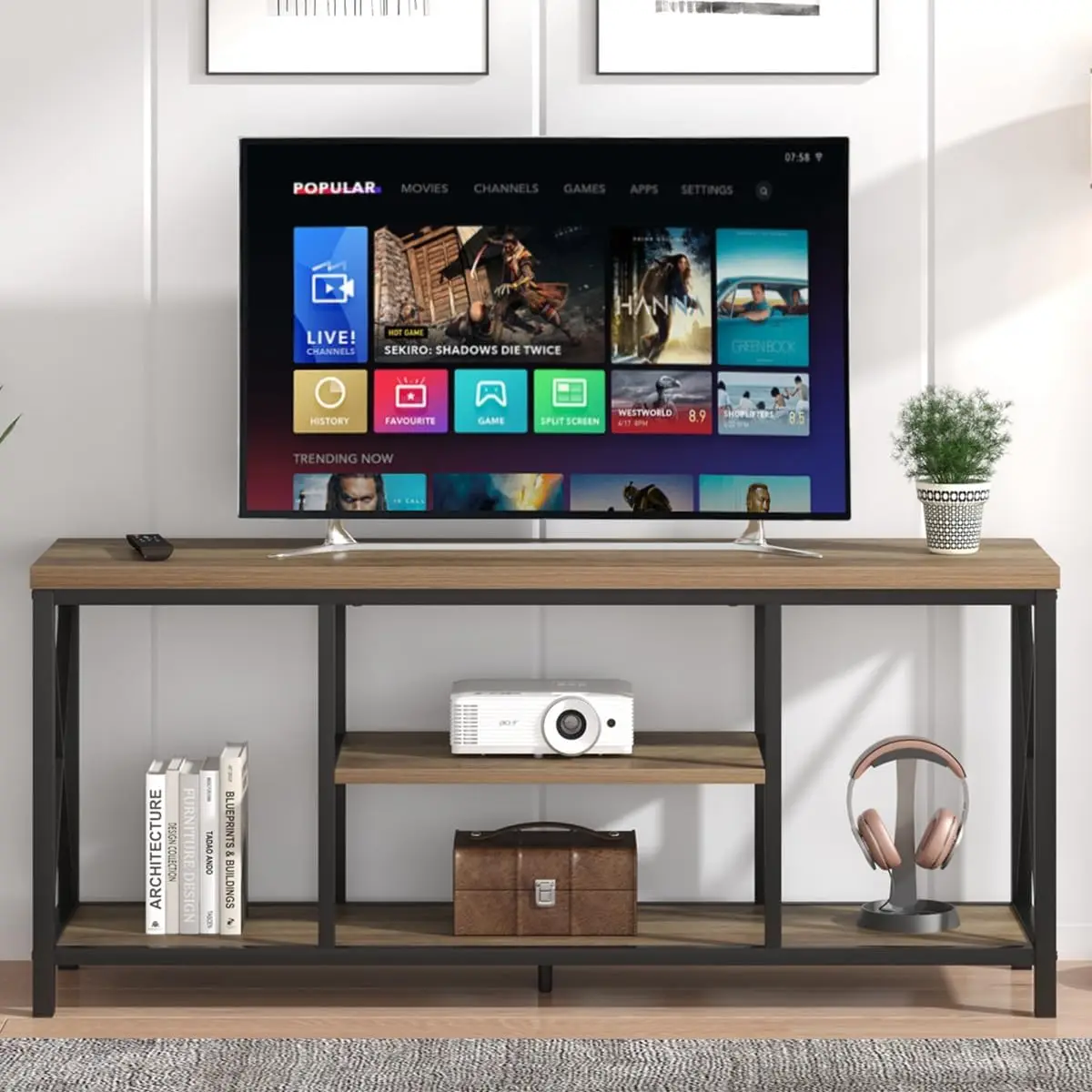 FOLUBAN TV Stand for TV up to 65 inch, Rustic Wood and Metal Entertainment Center with Storage Shelves, Modern Industrial Media