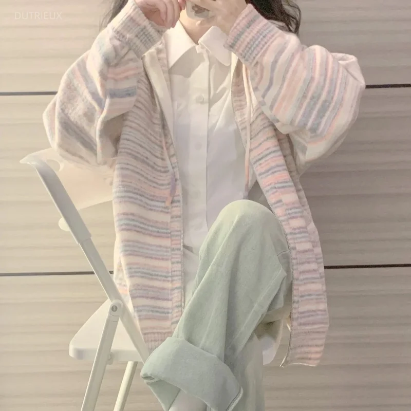 Striped Knitted Ropa Mujer 2026 Woman Cardigan Hooded Zipper Roupas Feminina Autumn Women's Cardigans Teenage Girls Sweater