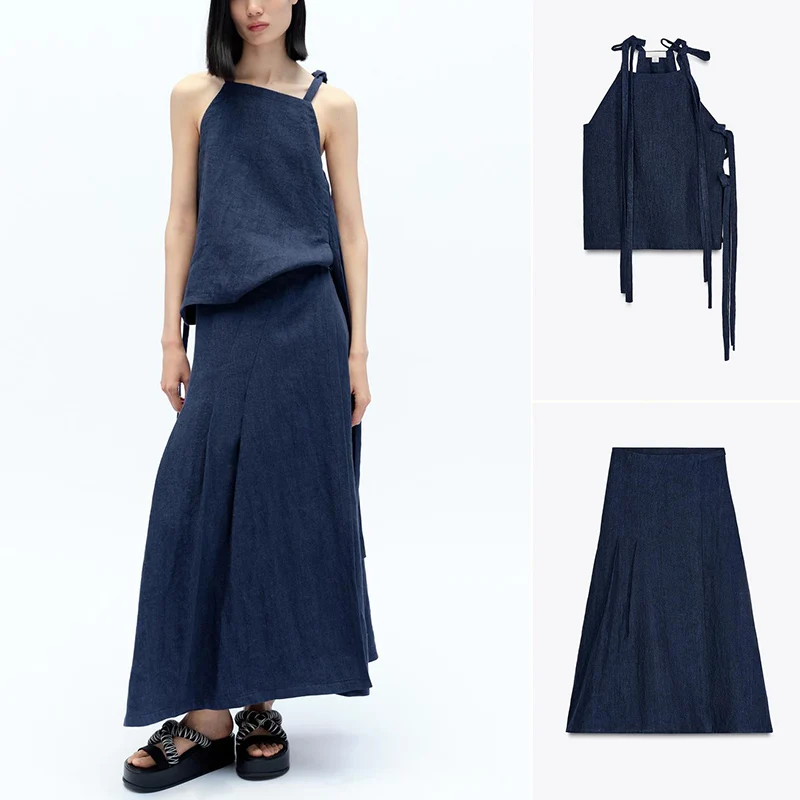 

Льняной топ с прямым воротником и узлом, длинные брюки, лето 2025 Faion, комплект женской одежды