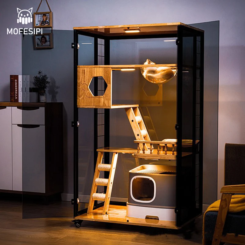 MOFESIPI Luxury Wooden Cat House Four Seasons Universal Pet House Solid Wood Pet Bed Glass Pet Room Cat Nest Villa