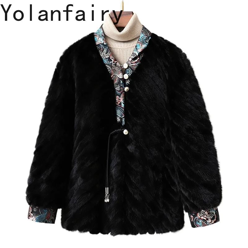 

YOLANFAIRY Real Fur Jacket Women Clothing 2025 Autumn Winter V-neck Long Sleeve Fur Coats Soft Black Mink Fur Coat Abrigo Mujer