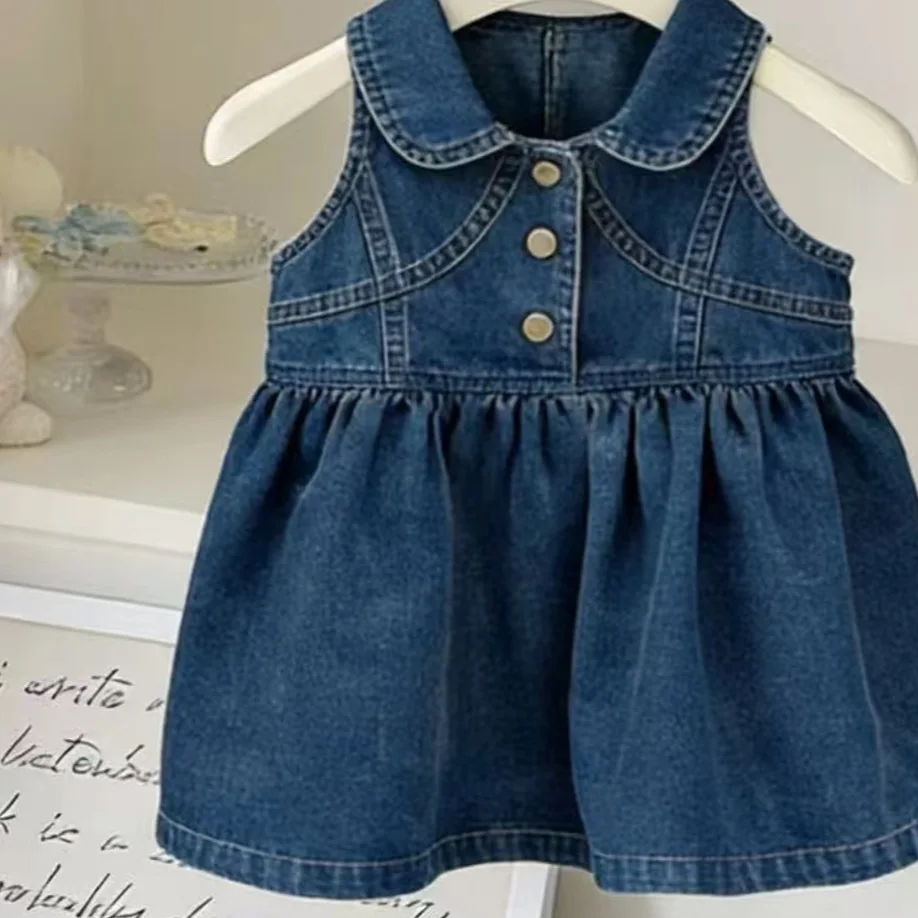 

Children's thin denim skirt 2026 Korean version fashionable girls' summer dress, western-style solid color princess dress