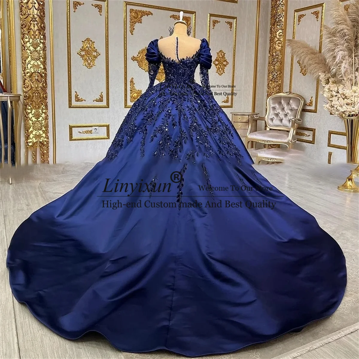 Biru laut Vestidos De Aurus OS Quinceanera gaun 2024 manik-manik payet Applique kristal berlian gaun Mexi untuk 15 tahun ulang tahun