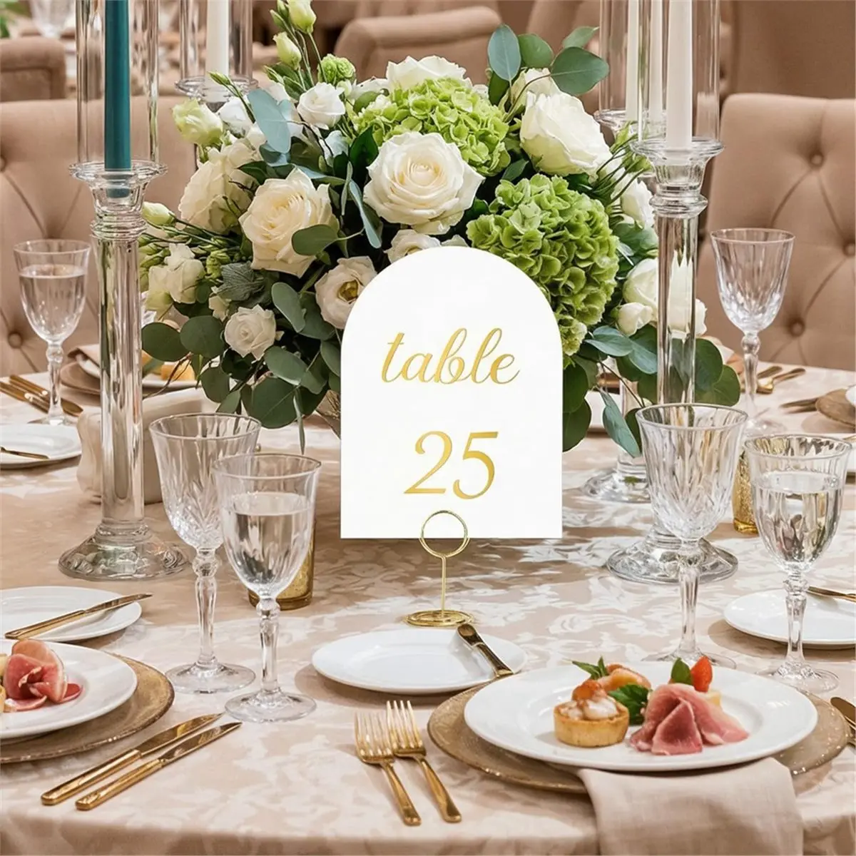 Arch Table Numbers 1-30 + Head Table, Gold Foil Embossed White Cards, Elegant Wedding Reception Centerpiece Decoration