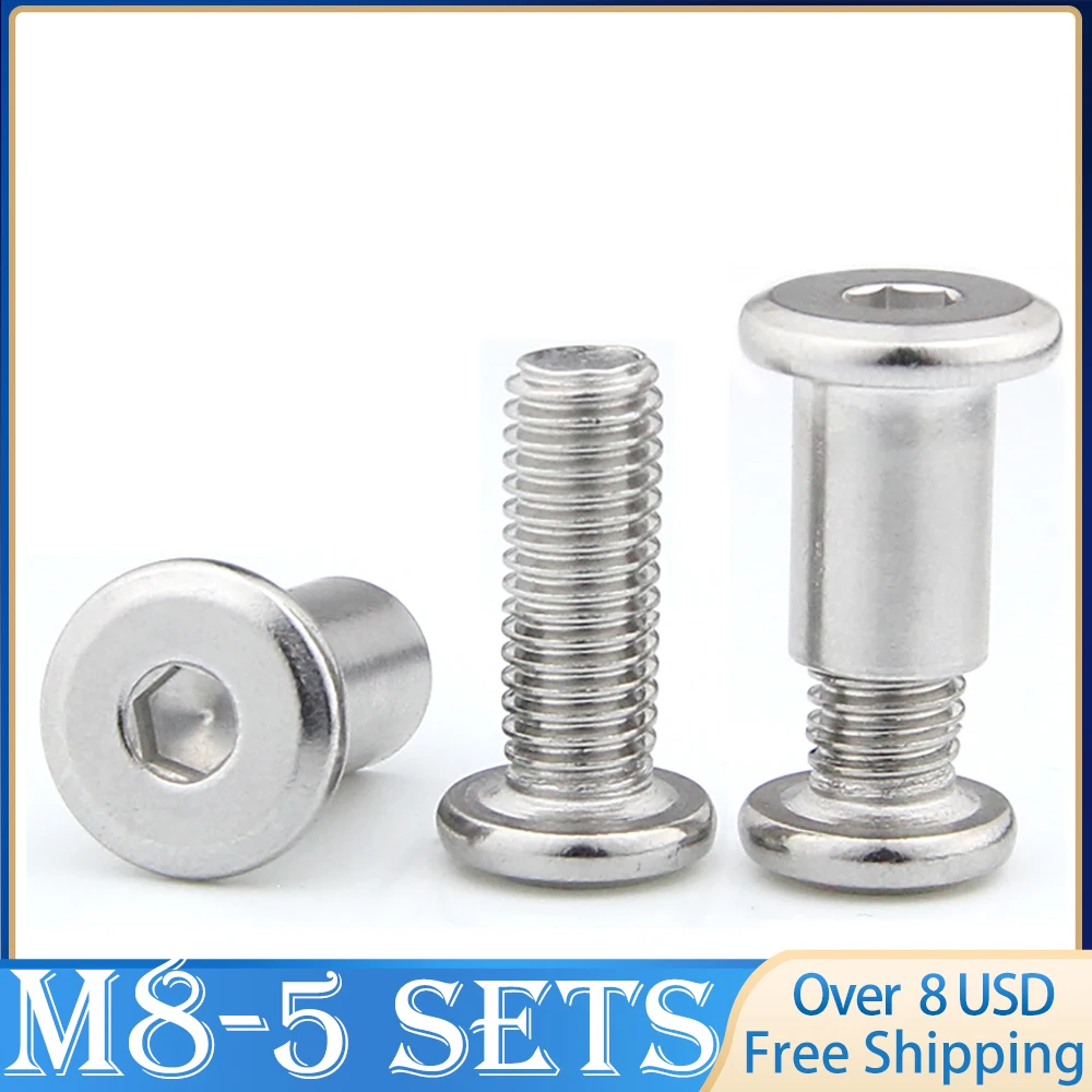 5 Sets Large Flat Hex Hexagon Socket Head Splint Nut Furniture Rivet Connector Insert Joint Sleeve Cap Nut M8 Bolt and Nuts Set