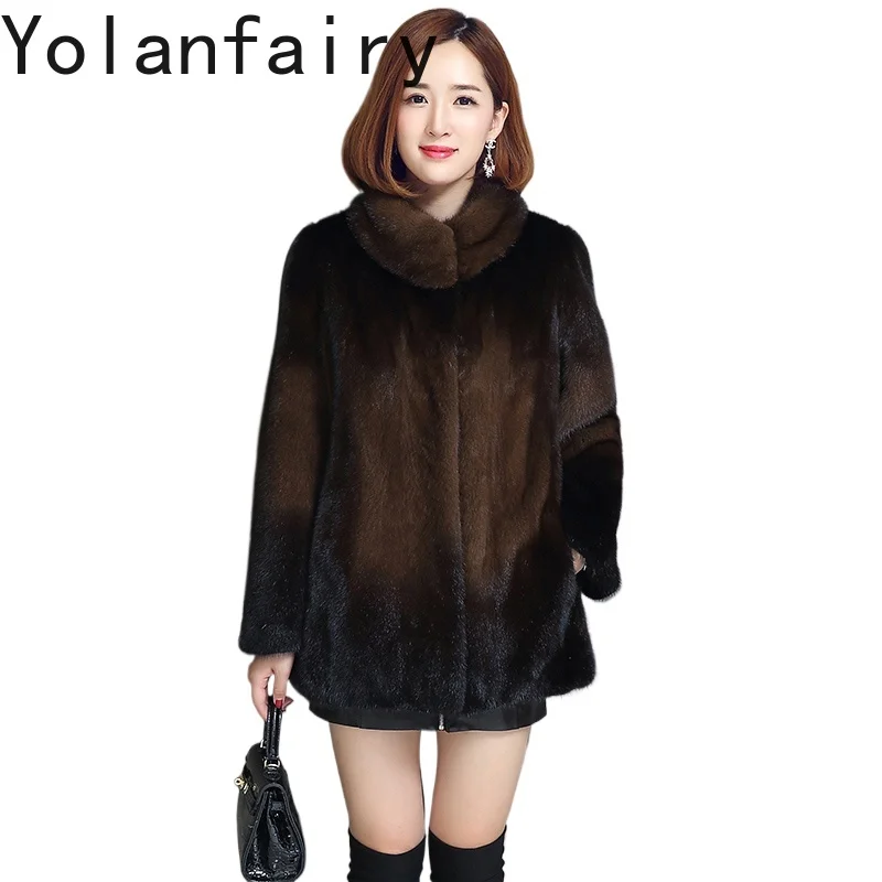 YOLANFAIRY الراقية كله فرو المنك سترة للنساء 2025 الشتاء الفاخرة معطف الفرو الطبيعي امرأة منتصف طول الدافئة الفراء معاطف جاكيتات