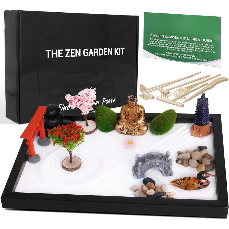 

Zen Garden for Desk - Sand Tray Therapy Kit - Therapy Office Decor. 6 Rake Tools, 15 Piece Zen Garden Accessories, Meditation Ac