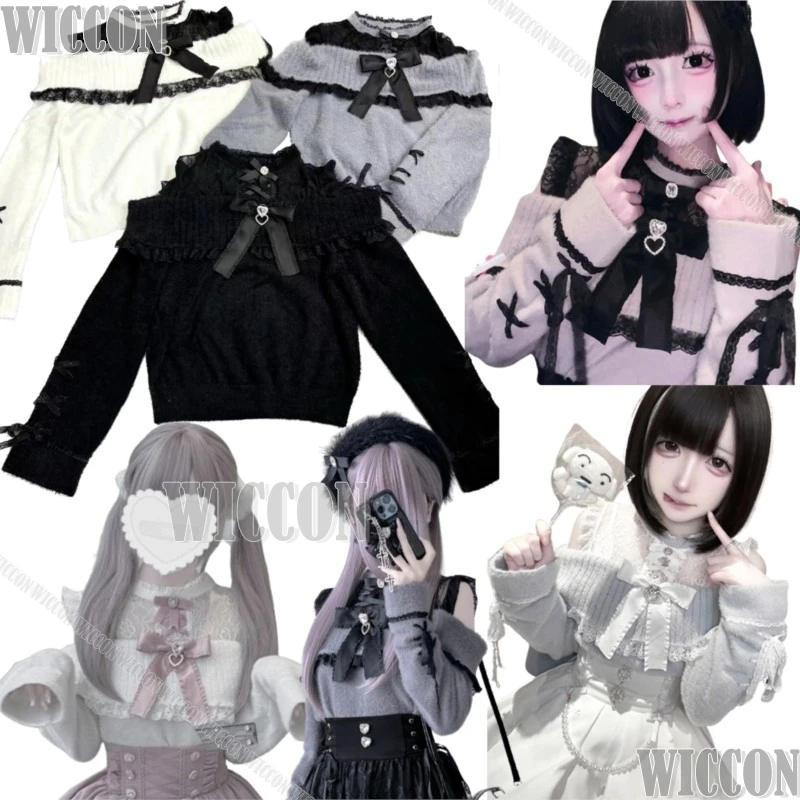 

Кружевной свитер Jirai Kei для девочек, костюм для косплея Y2K, зимний комплект, 4 цвета: белый, черный, синий, розовый, милая женская одежда на Хэллоуин