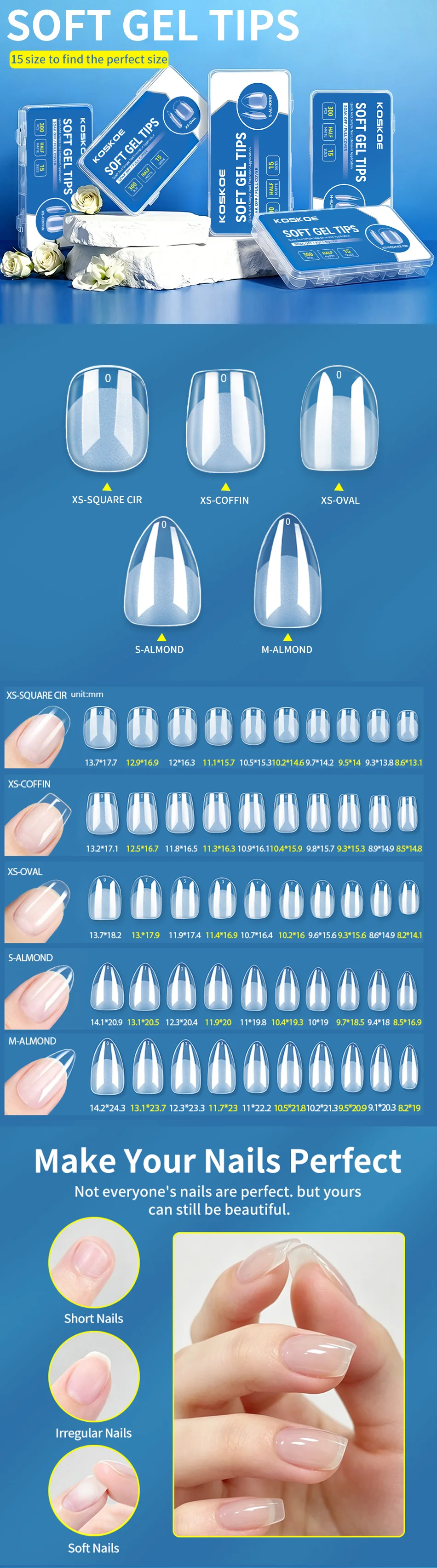 300 Stück Vollständig Abdeckende Klare Künstliche Nagelspitzen Halb-Matte Acryl-Spitzen Acryl-Nagelverlängerungen für Heim-DIY Salon-Maniküre – Detail 1