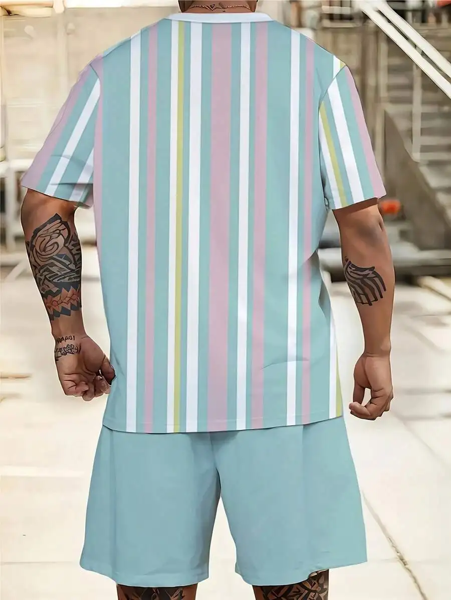 

Mens Pastel Vertical Stripe 2-Piece Summer Set Loose Fit Round Neck Tee And Drawstring Shorts