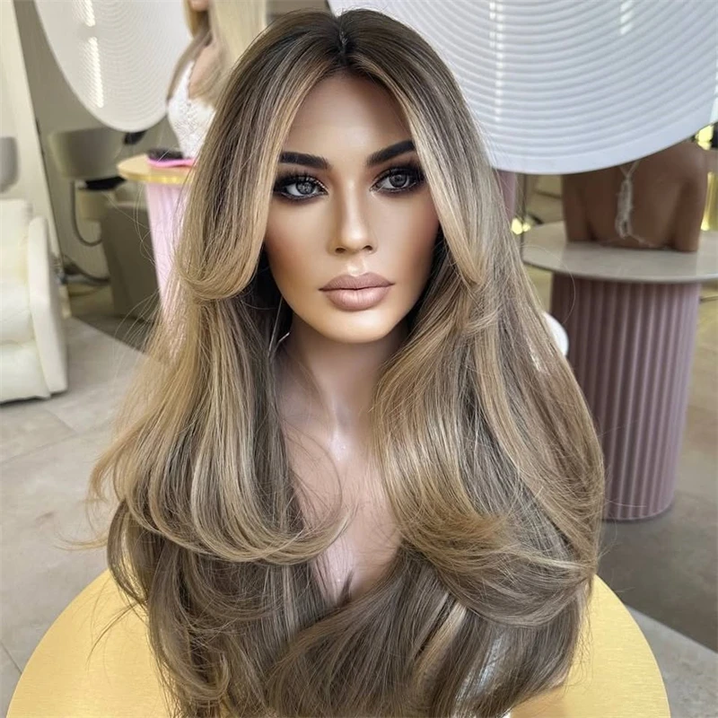 

13x4 Swiss Lace Brown Blonde Lace Front Synthetic Wig Free Part HD Invisible Lace Front Wig Realistic Natural Looking Wig 26Inch
