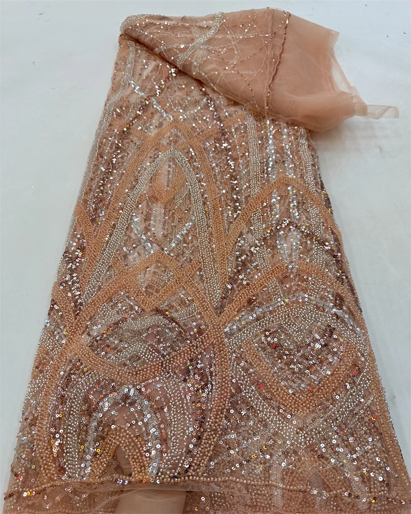 

African Handmade Beaded Lace Fabric High Quality Nigerian Embroidery Sequins Women's Wedding Dress Material