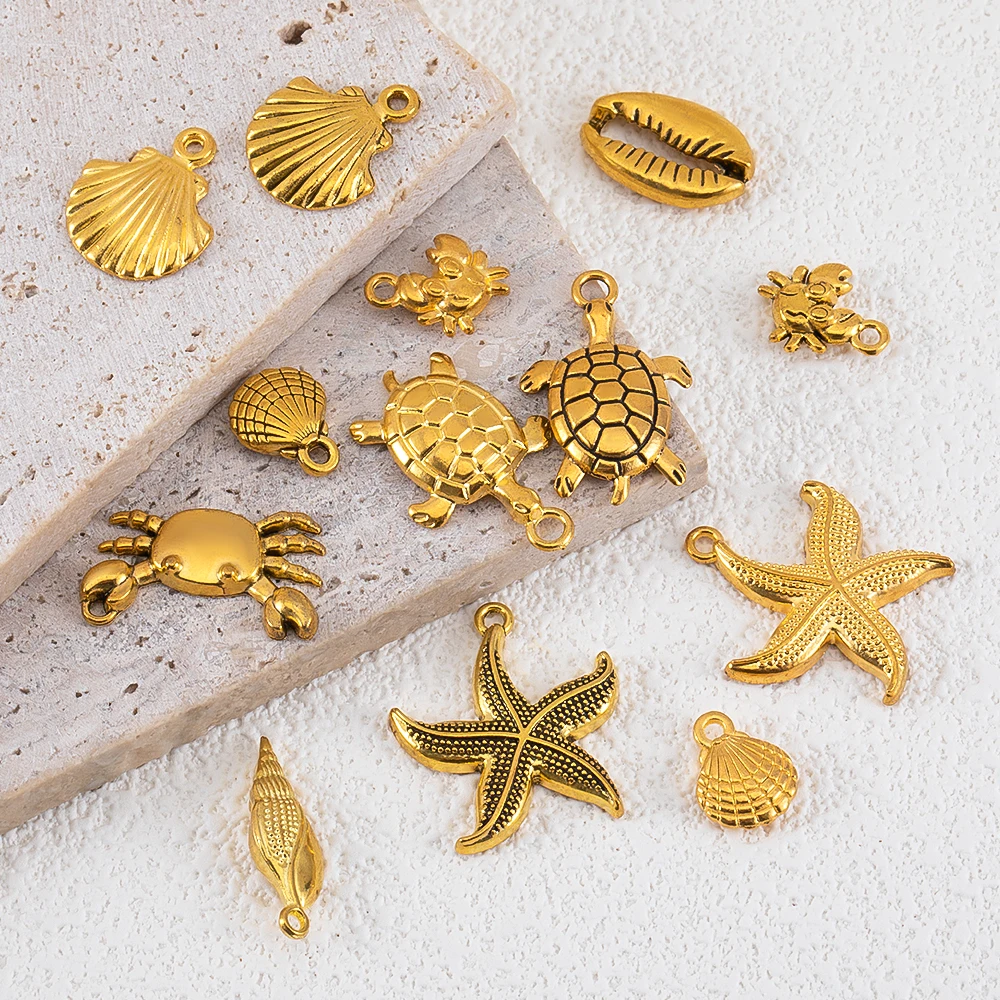 

10pcs Antique Gold Color Cute Metal Starfish Shellfish Crab Turtle Pendant DIY Necklace Bracelet Charm Jewelry Making Wholesale