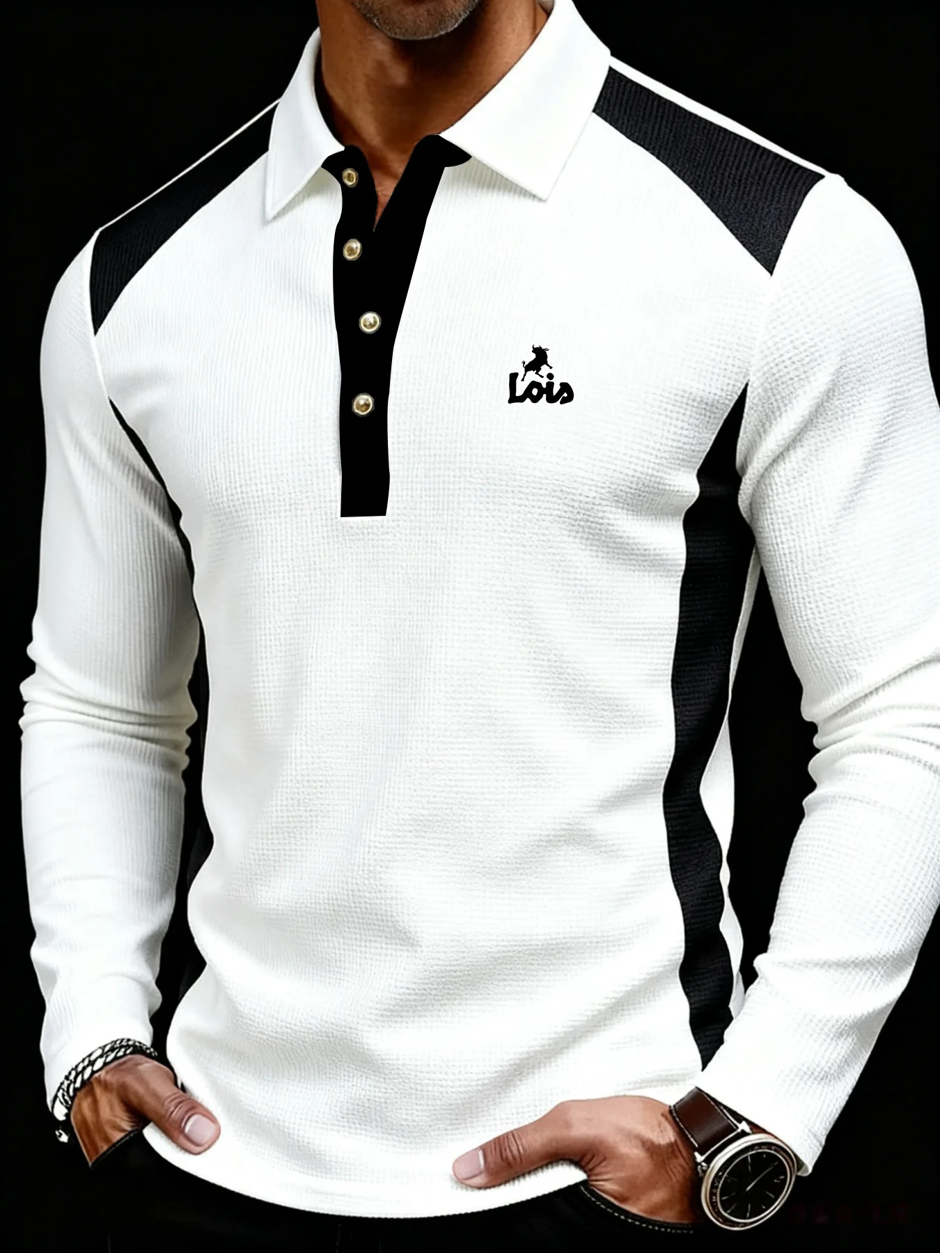 Polo de Manga Larga con Tejido Waffle para Hombre Lois, Corte Ajustado, Transpirable, Estilo Casual, Deportivo y Ejecutivo, con Bloques de Color