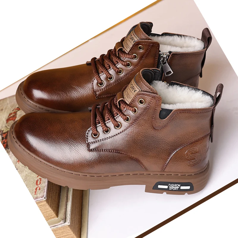 Męskie buty zimowe ze skóry naturalnej 2025, ocieplane pluszem, płaskie, markowe botki męskie, czarne, brązowe, antypoślizgowe D628