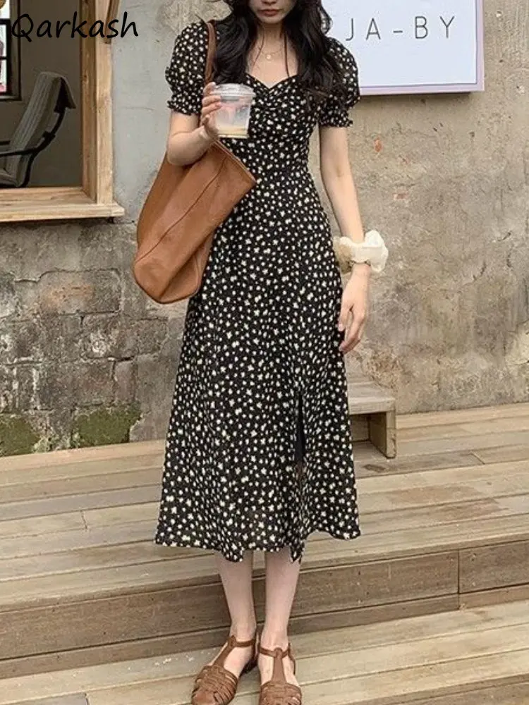 

Floral Dress Women Puff Sleeve Vintage Midi Summer Prairie Style Aesthetic Ins Mujer Casual Dating Simple Temperament Vestidos