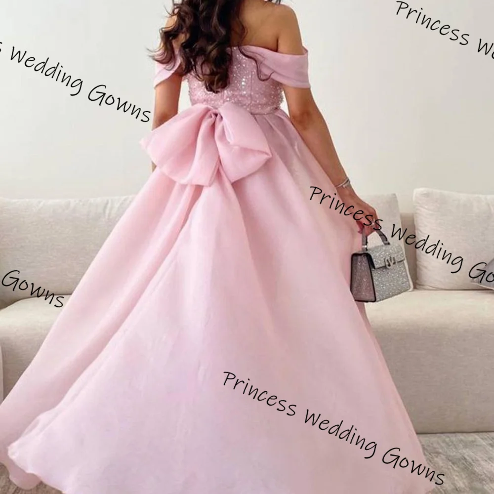 Customized elegant Pink Bow Chiffon Sweep Train Prom Dresses Off the shoulder Sequined ornament Sleeveless Weeding Guest Dresses