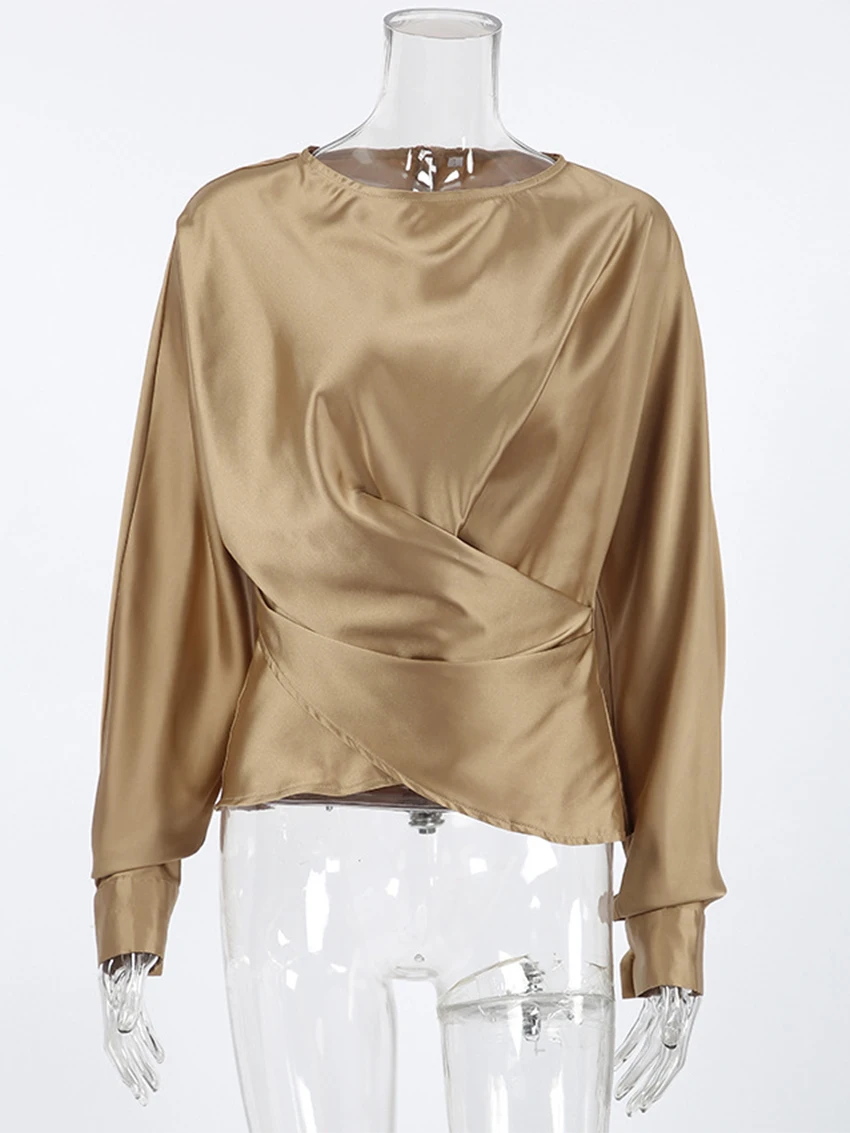 Koszula damska Parc Fee, luźny krój, khaki, casualowa, z okrągłym dekoltem, długi rękaw, elegancka, klasyczna, gładka bluzka, odzież damska, model 2026.