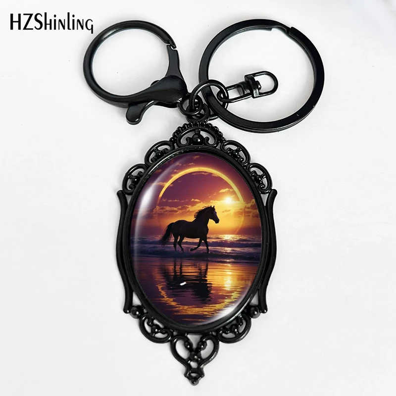 2024 Mode kreative Tier gemalt Pony Pferd schwarz Schlüssel bund Glas Cabochon ovale Anhänger Schlüssel halter besten Geschenke