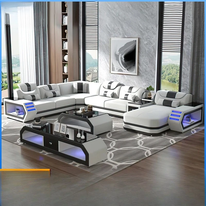 Atmospheric villa modern multi-functional sofa living room large apartment first layer cowhide sofa combination