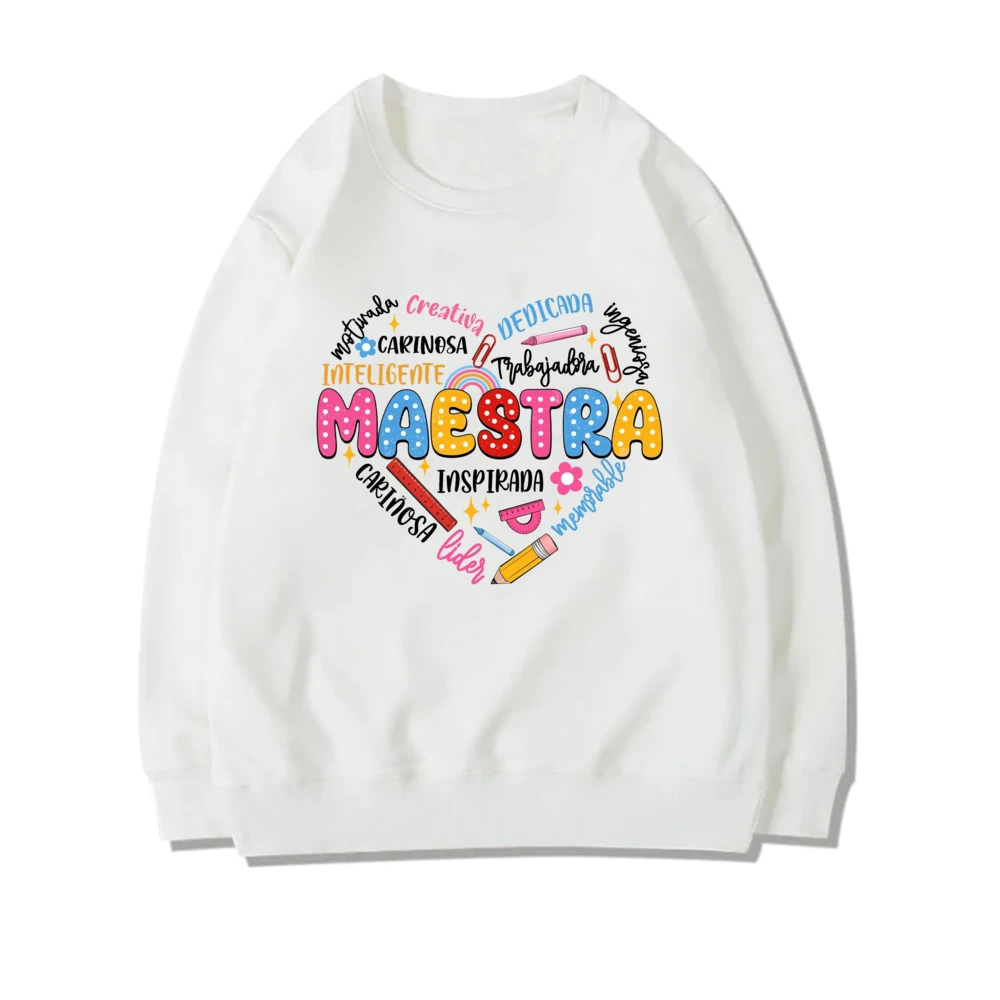 Spanish Maestra Print Girl sweatshirt Casual long Sleeve Round Neck Fashion hoodie Shirt Teacher Comfy Tee Top Teacher Clothes