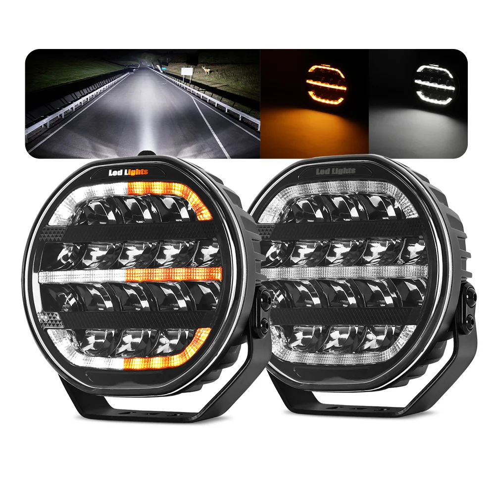 

HL 7inch LED Driving Light with White Amber LED Welcome Light Start Light 6000K LED Work Light for Offroad 4X4 Trucks 12V 24V