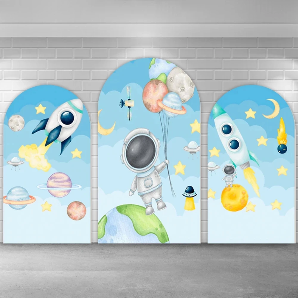 우주 비행사 공간 아치 배경 커버 풍선 별 하늘색 소년 베이비 샤워 생일 파티 원형 배경 아치형 벽
