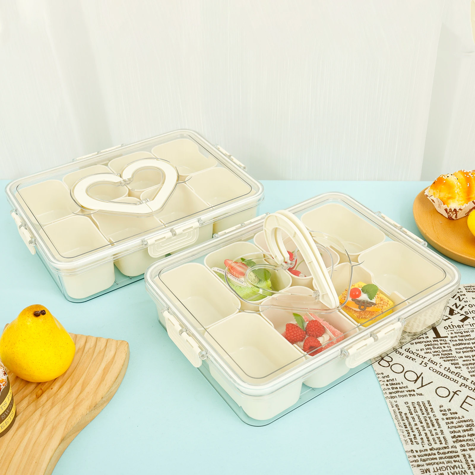 

2 шт. разделенный сервировочный поднос с ручкой, 8 сеток, пластиковая прямоугольная коробка для закусок, контейнер, портативная коробка для закусок для конфет, печенья, фруктов